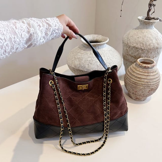Crossbody Faux Suede Bag Tote Strap Chain Quilted