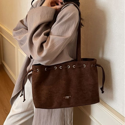 Drawstring Suede Faux Tote Plain Bag