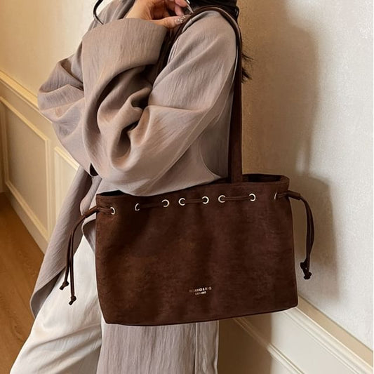 Drawstring Suede Faux Tote Plain Bag