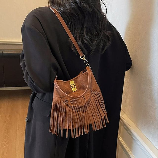 Faux Crossbody Pouch Fringe Plain Bag With Suede