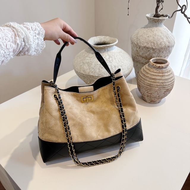 Crossbody Faux Suede Bag Tote Strap Chain Quilted