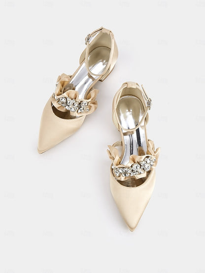 with Pointed-Toe Black Satin Women's Rhinestone Flats
