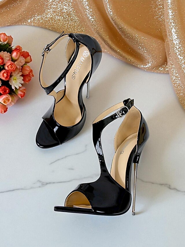 Open - Patent Red Strappy Leather Heels Women's Stiletto