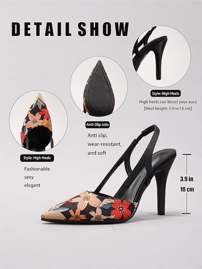 – Floral Pointed Heels Toe Slingback Women's High Elegant