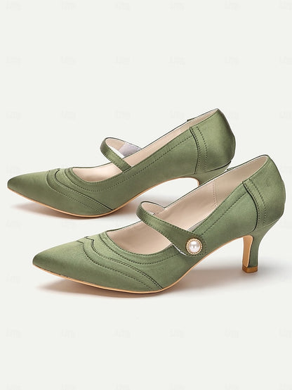 Green Button Satin Jane - with Heels Pearl Elegant Mary