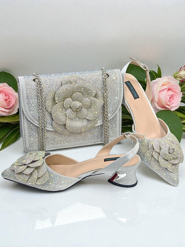 Slingback Women's Gold Matching Pumps with Rhinestone