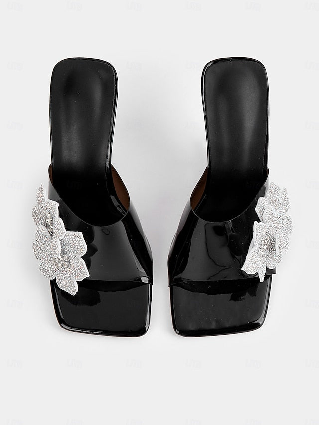 Mules Patent with Black Leather Flower Rhinestone Women's