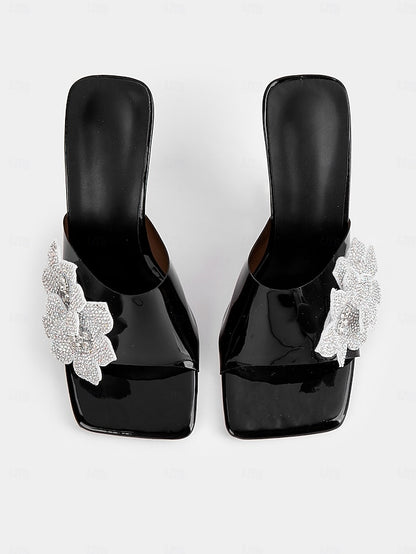 Mules Patent with Black Leather Flower Rhinestone Women's