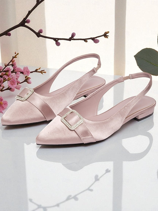 Satin Slingback with Women's Rhinestone Pink Flats Buckle
