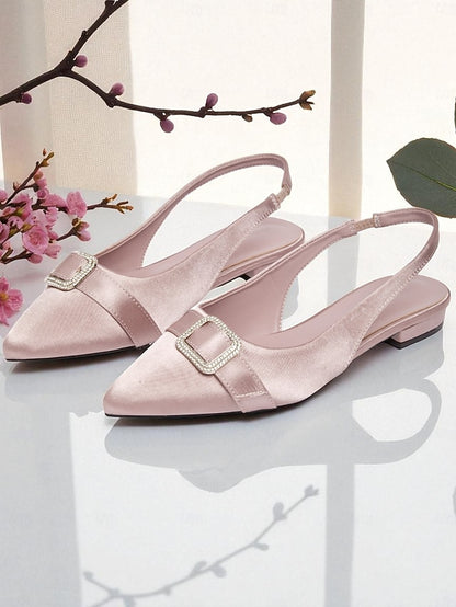 Satin Slingback with Women's Rhinestone Pink Flats Buckle
