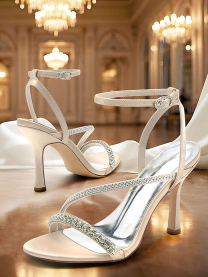 Champagne Satin Sophisticated Strappy Rhinestone Heels –