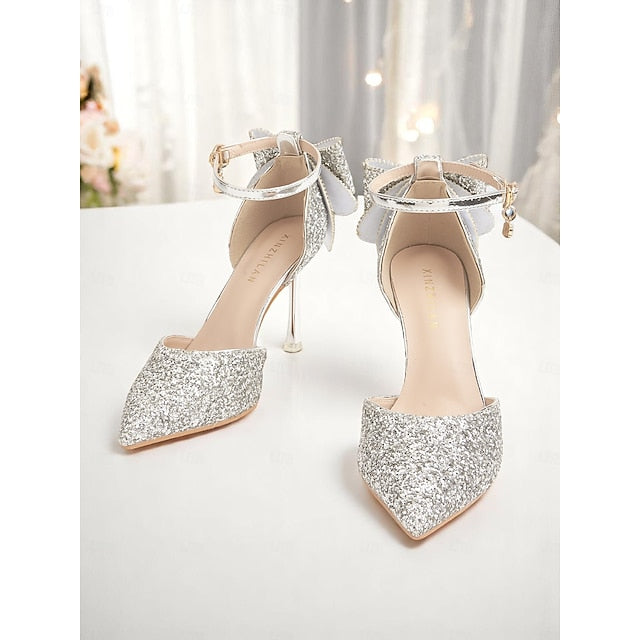 Pointed Sparkly Heels - Bow Toe Women's Silver Glitter