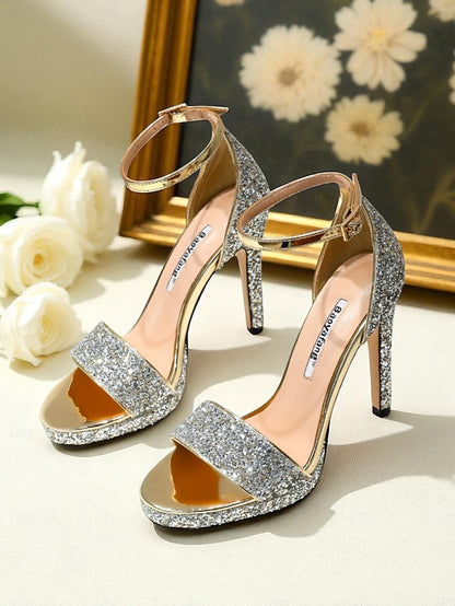 with Women's Strap Glitter Sandals High Silver Heel Ankle