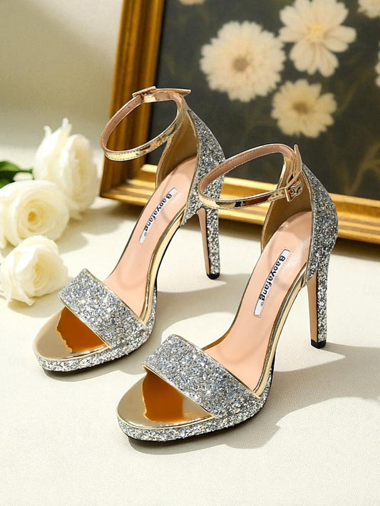 with Women's Strap Glitter Sandals High Silver Heel Ankle