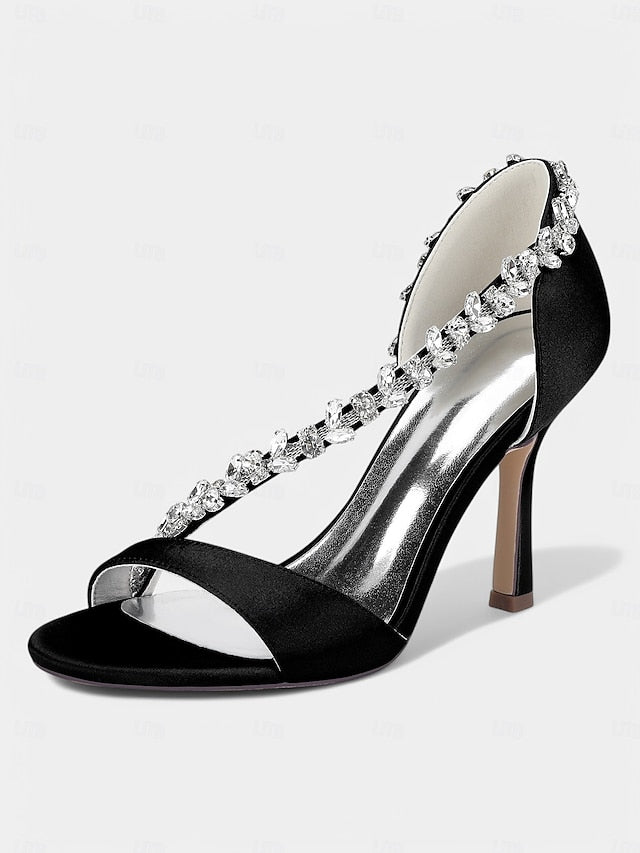 Champagne Satin – Women's with High Heels Crystal T-Strap