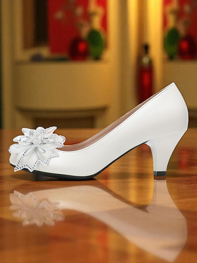 White with Heel Bow Low Wedding Shoes Women's Crystal