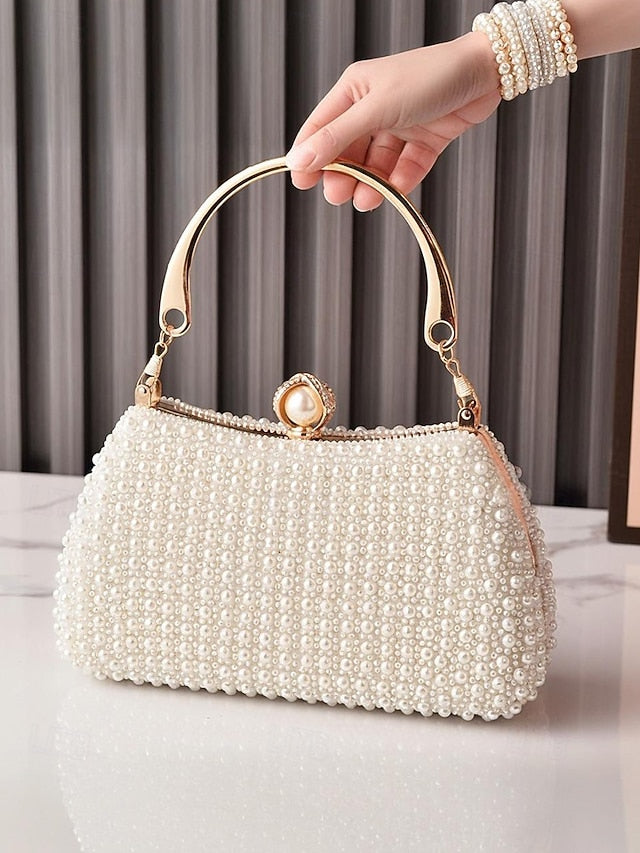 Pearl Evening Bag Handle Gold with Clutch Beaded Women's