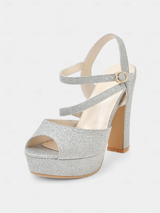 Heel Sandals Ankle Strap with Women's Glitter High Platform
