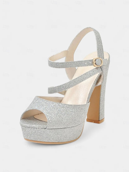 Heel Sandals Ankle Strap with Women's Glitter High Platform
