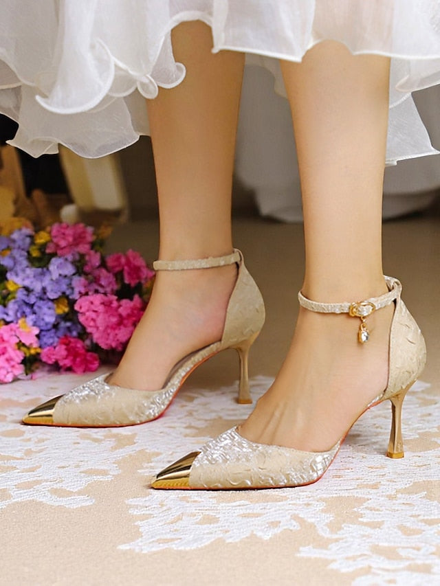 Toe Beige Women's and with Gold Pointed Heels Satin Accents