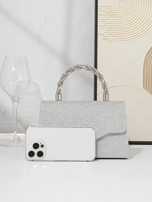 Glitter Silver Women's – Rhinestone Handbag with Handle