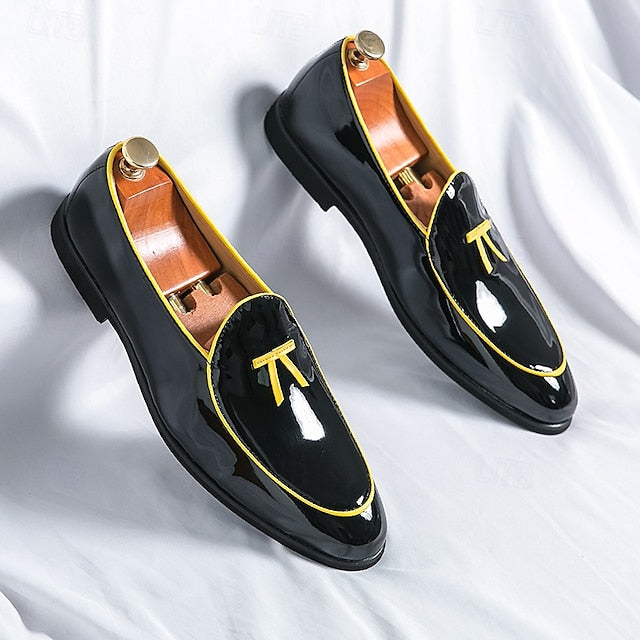 Men's Trim Yellow Faux Black Loafers Patent with Leather