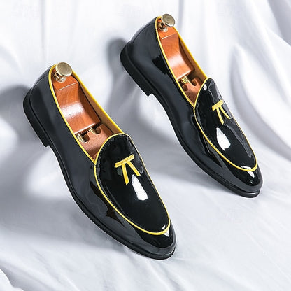 Men's Trim Yellow Faux Black Loafers Patent with Leather