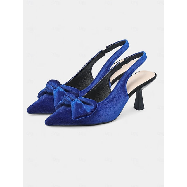 with Toe Blue Women's Velvet Heels Pointed Slingback Bow