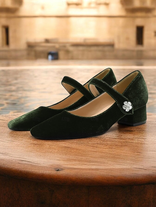 Mary Velvet - Women's Block Toe Square Jane Pumps Green