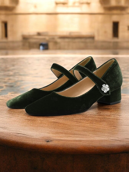 Mary Velvet - Women's Block Toe Square Jane Pumps Green