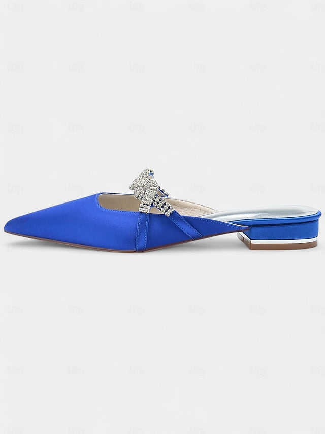 - Satin Blue Heels Mule Detailing with Rhinestone Pointed-Toe