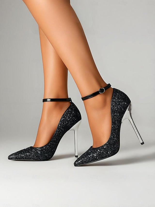 Heels Women's Stiletto – Pointed Sparkly Glitter Gold Toe