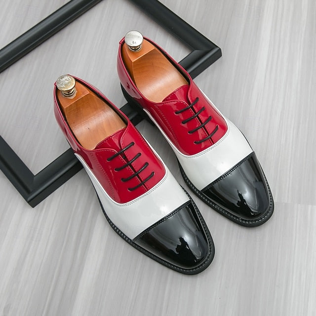 – Men's Red Patent Leather Oxford and White Shoes