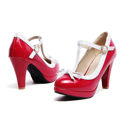 Black T-Strap Patent High Leather White with Women's Heels