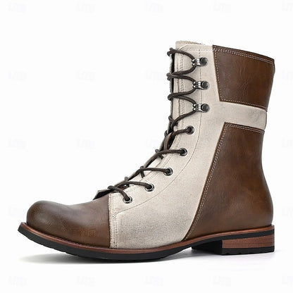 Vintage Lace-Up Leather Boots Faux Two-Tone Men's Mid-Calf