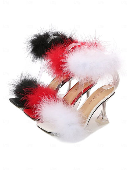 Feather-Embellished Heel with Sandals Turquoise Clear High