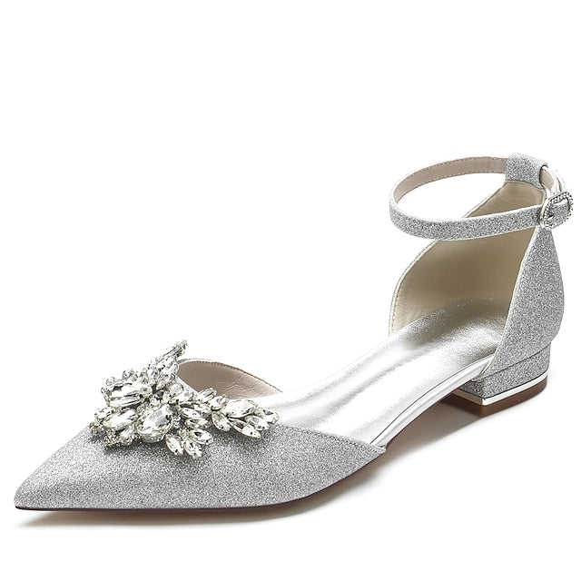 Floral with White Rhinestone Women's Satin Flats Design –