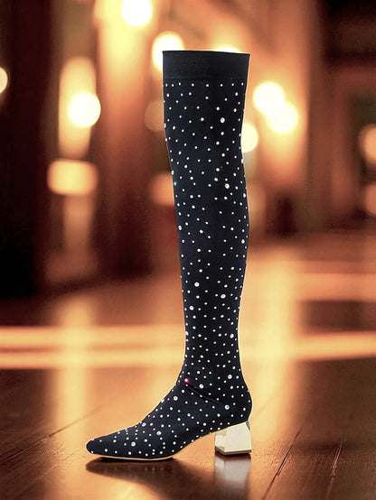 Pointed Women's Black Boots Rhinestone Over-the-Knee with