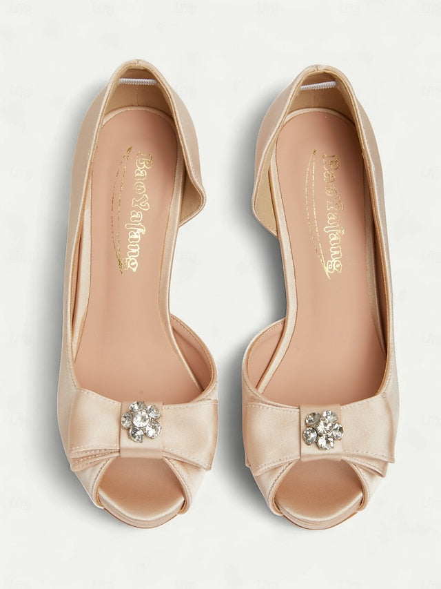 with Champagne Bow Women's and Peep Satin Heels Toe