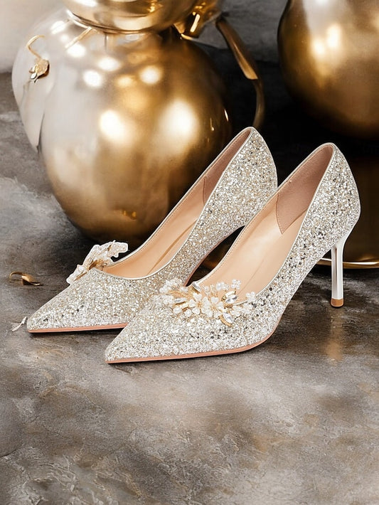 Glitter with Stiletto Silver Floral Heels Women's