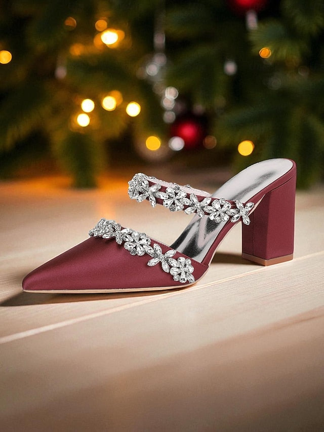Women's Floral Satin Black Rhinestone Heel Mules Block with