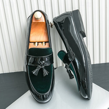 Velvet Men's Leather Patent Faux – Loafers Tassel Black