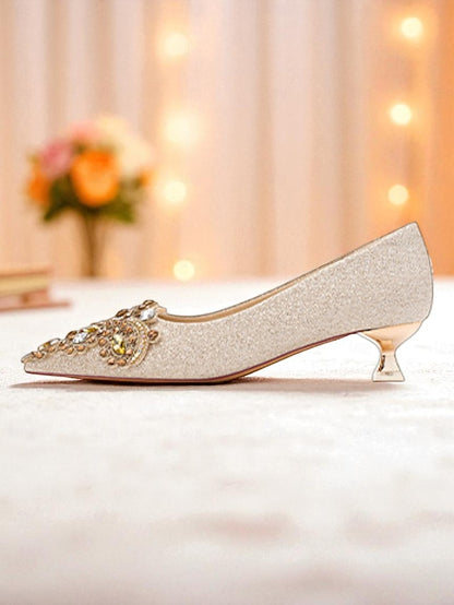 with Glitter Low Pointed-Toe Gold Pumps Heel Women's