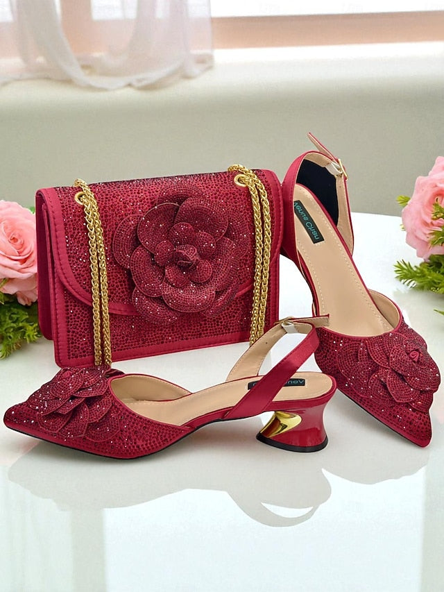 Slingback Women's Gold Matching Pumps with Rhinestone