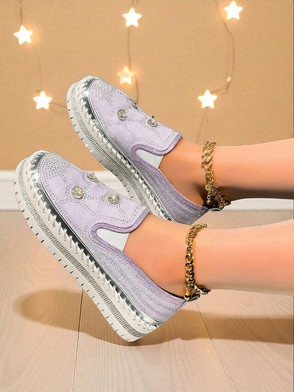 Rhinestone Studs Sneakers Women's Platform Slip-On Red with