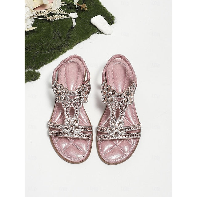 T-Strap Rhinestone Sandals Boho – Flat Women's Silver