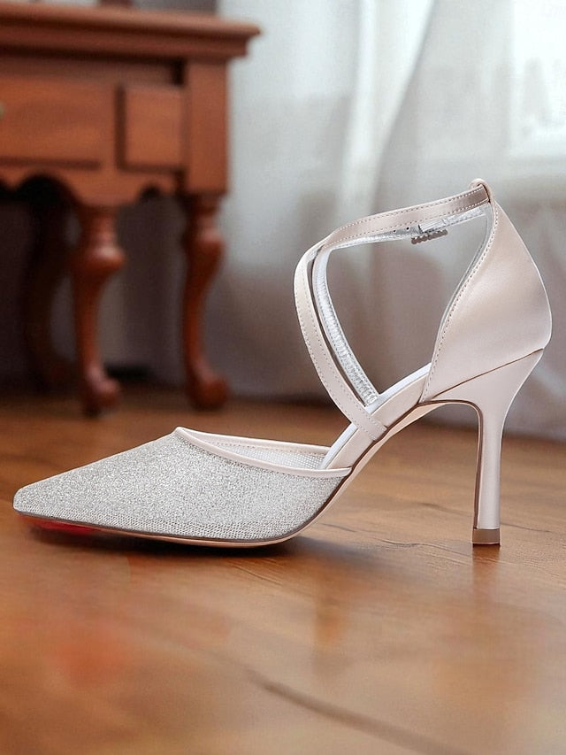 Glitter Stiletto Ankle - Elegant Women's Strap Heels Silver