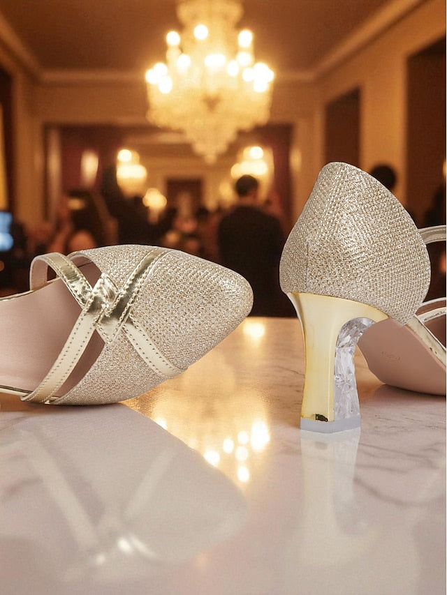 Gold - Strap Women's Pumps Glitter Heel Elegant Ankle Block