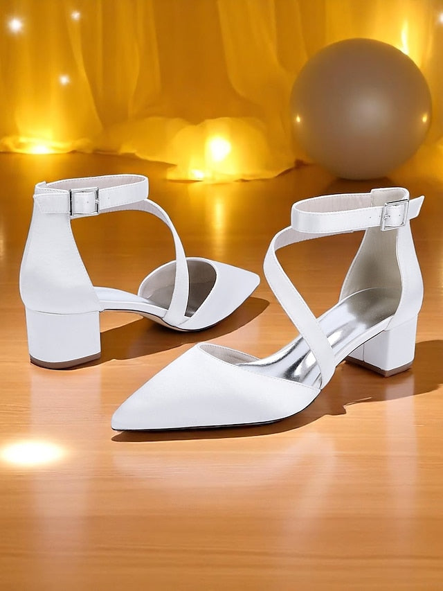 - Champagne Satin Pointed Toe Block Women's Heels