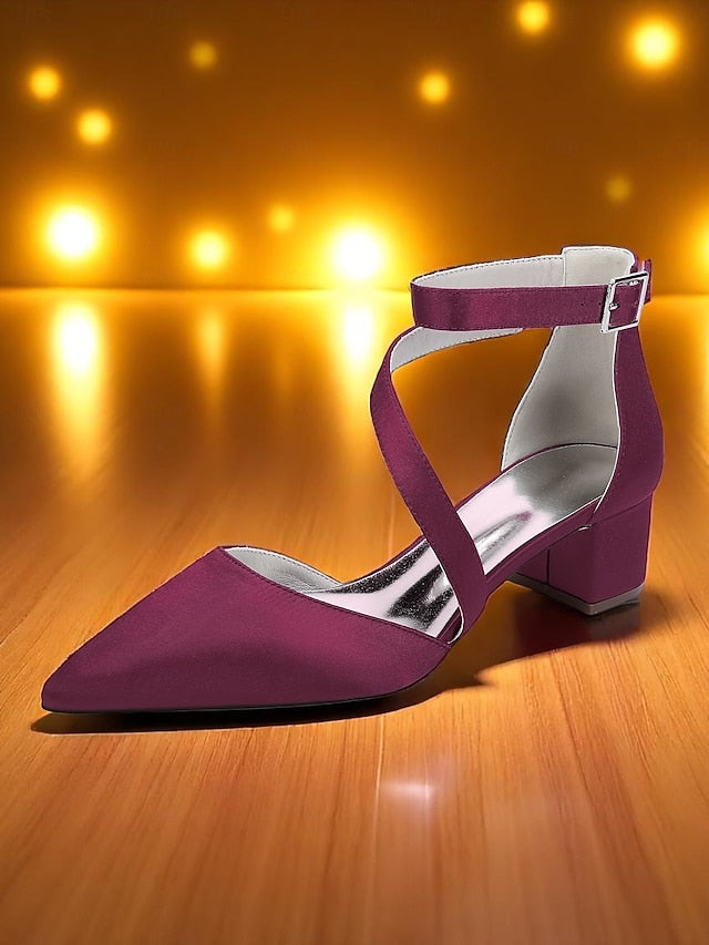 - Champagne Satin Pointed Toe Block Women's Heels
